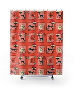 Mid Century Modern Atomic Kitty Christmas Shower Curtain, Christmas Gift For Home, Shower Curtain, Retro Bathroom Accessories, Home Gift