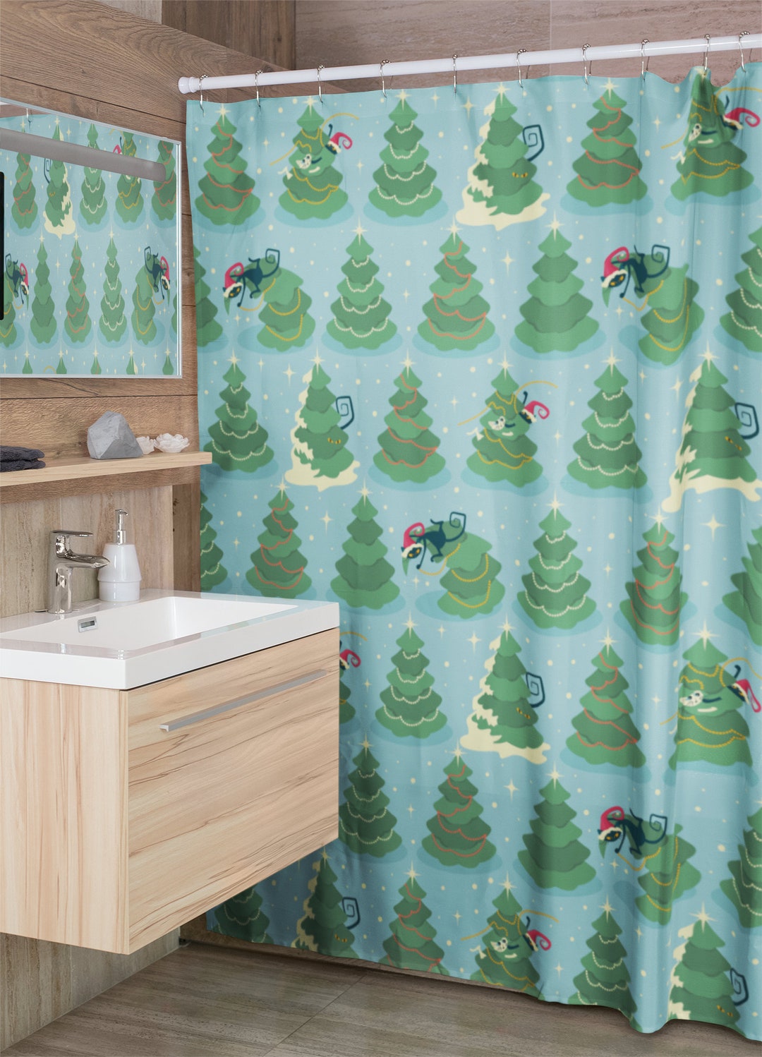 Mid Century Modern Atomic Kitty Christmas Shower Curtain, Retro Home Gift For Christmas