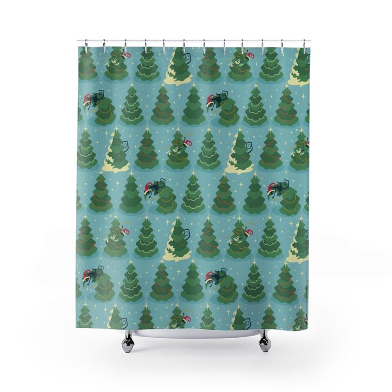 Mid Century Modern Atomic Kitty Christmas Shower Curtain, Retro Home Gift For Christmas - Image 2