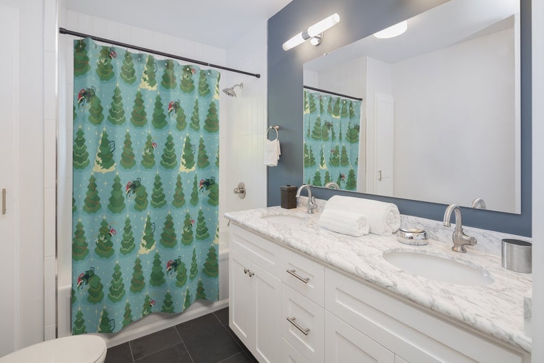 Mid Century Modern Atomic Kitty Christmas Shower Curtain, Retro Home Gift For Christmas - Image 3
