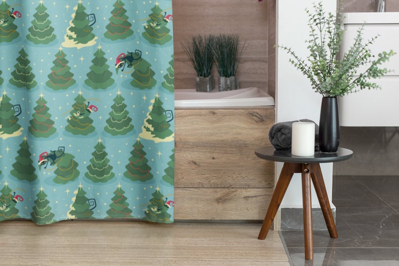Mid Century Modern Atomic Kitty Christmas Shower Curtain, Retro Home Gift For Christmas - Image 4