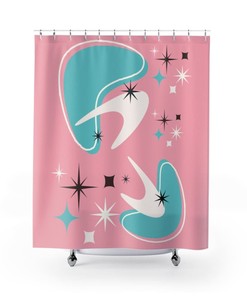 Mid Century Modern Atomic Pink, Boomerang, Aqua Blue, White, Starburst MCM Mid Mod Shower Curtain