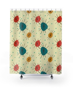 Mid Century Modern Atomic Shower Curtain With Starburst Of Colors, Retro Design