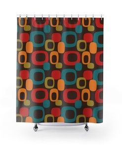 Mid Century Modern Bath Home Decor, Retro Chocolate Brown Geometric Groovy Teal Blue, Green, Yellow, Burnt Orange, Retro Shower Curtain