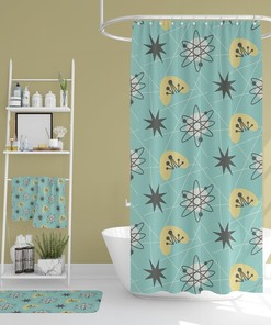 Mid Century Modern Bathroom Decor, Shower Curtain, Bath Mat, Spa Wrap, Waffle Weave Shower Curtain, Hand Towel, Bath Towel, Retro Bathroom