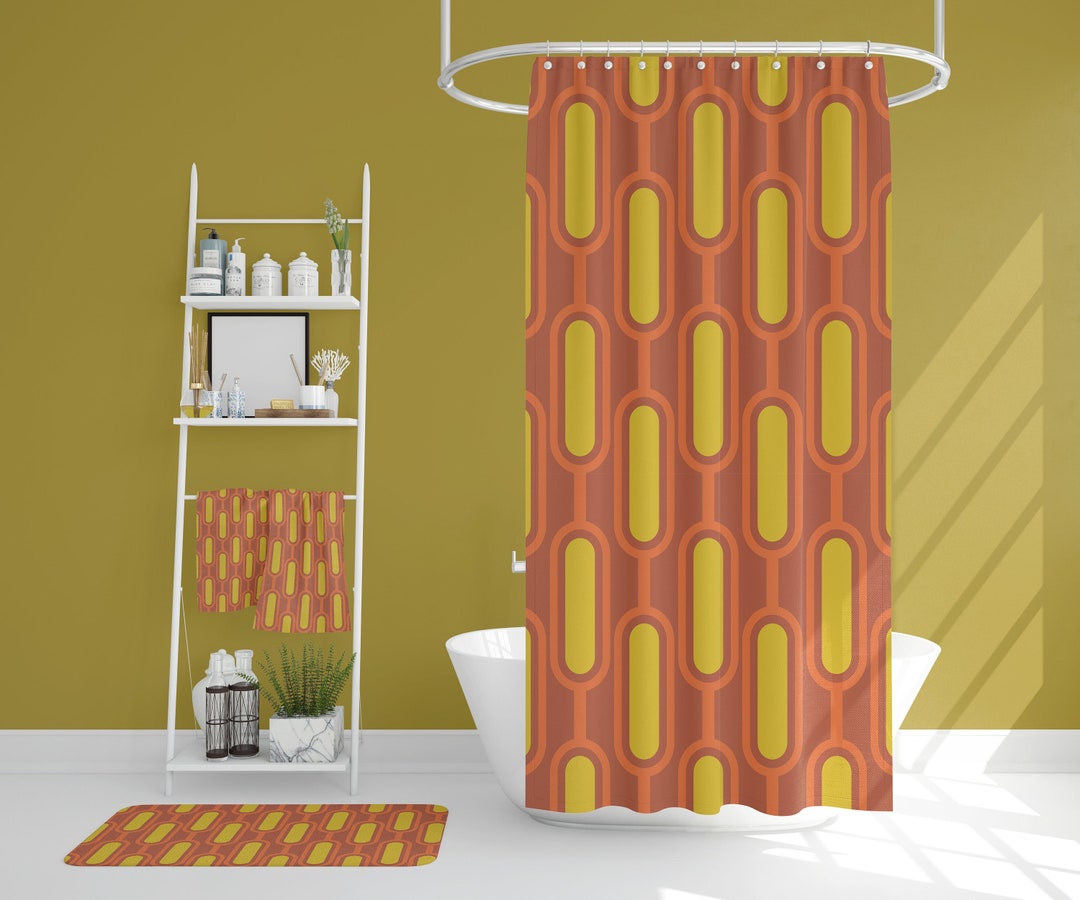 Mid Century Modern Bathroom Decor, Shower Curtain, Bath Mat, Spa Wrap, Waffle Weave Shower Curtain, Hand Towel, Bath Towel, Retro Bathroom