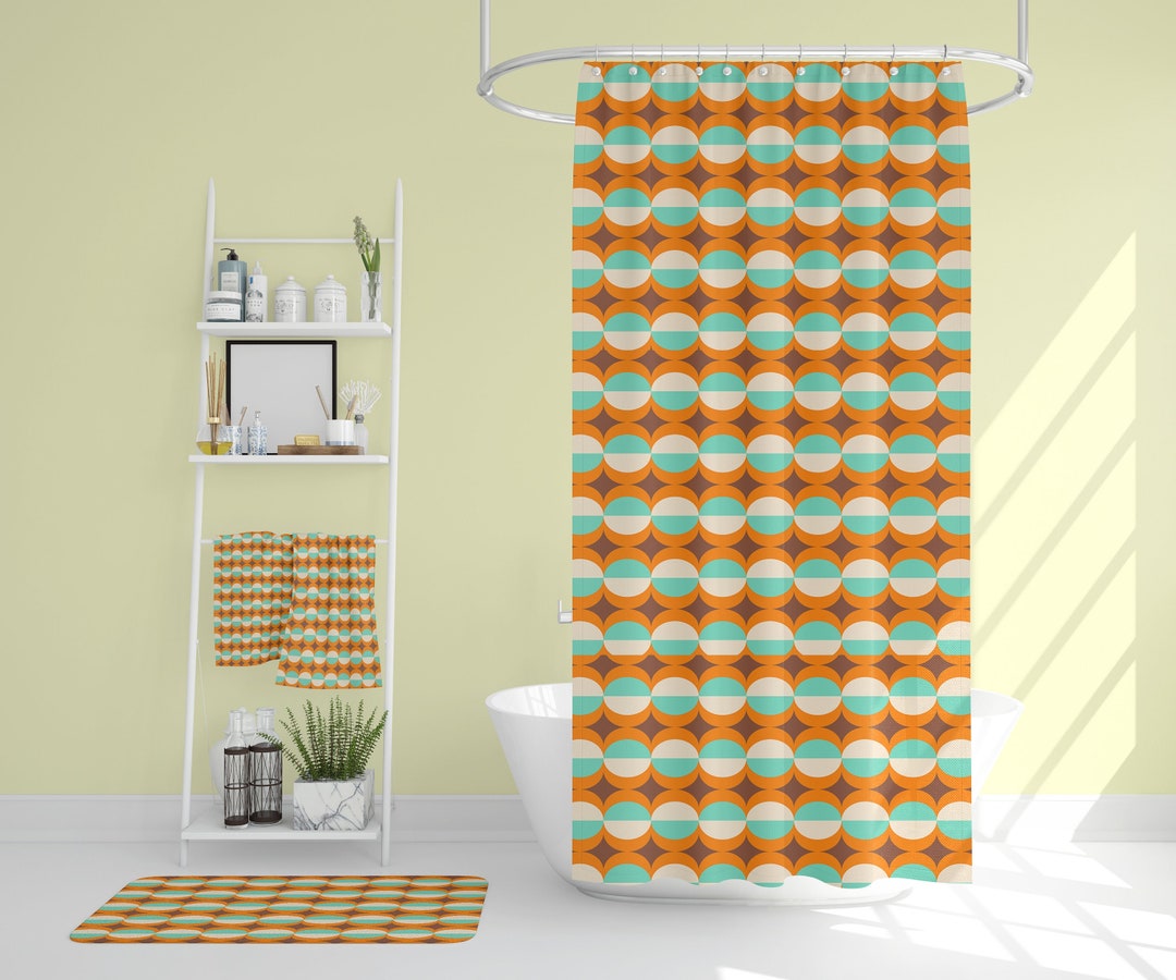Mid Century Modern Bathroom Decor, Shower Curtain, Bath Mat, Spa Wrap, Waffle Weave Shower Curtain Retro Bathroom