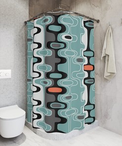 Mid Century Modern Bathroom Shower Curtain, Geometric Retro Design, Black, Orange, Gray, White Mid Century Home Decor Bathroom