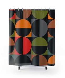Mid Century Modern Black And Multicolor Geometric Shower Curtain For Retro Bathroom Look