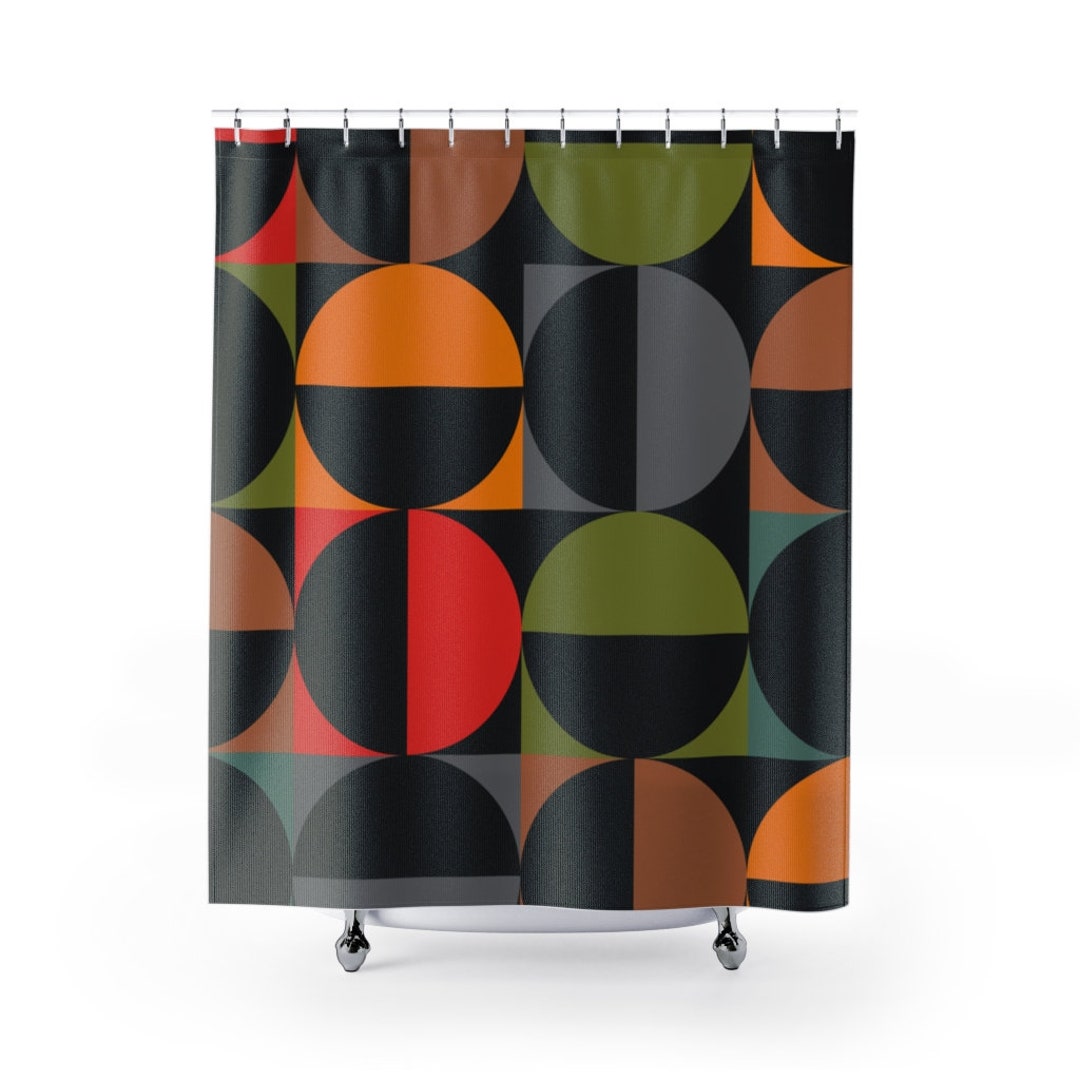 Mid Century Modern Black And Multicolor Geometric Shower Curtain For Retro Bathroom Look