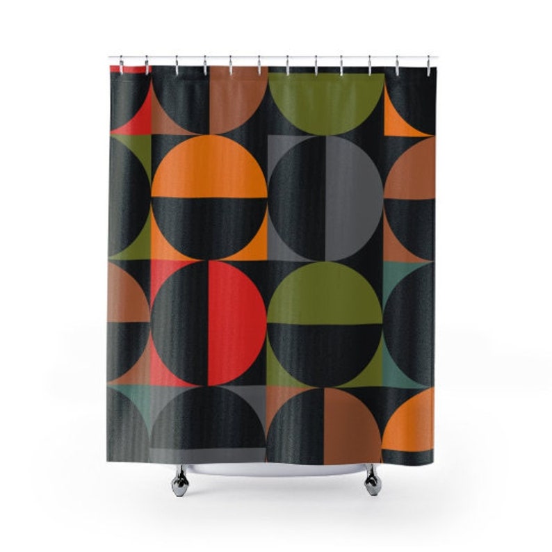 Mid Century Modern Black And Multicolor Geometric Shower Curtain For Retro Bathroom Look - Image 3