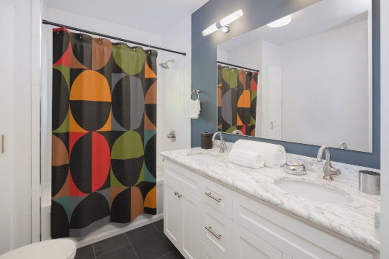 Mid Century Modern Black And Multicolor Geometric Shower Curtain For Retro Bathroom Look - Image 4