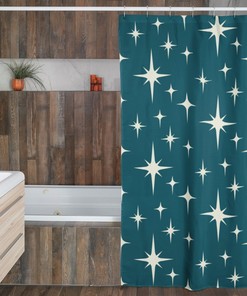 Mid Century Modern Blue Shower Curtains - Mcm Bathroom Accessory With Atomic Stars For Retro Look