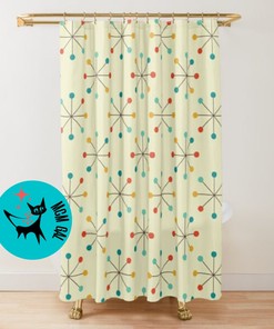 Mid Century Modern Curtain, Retro Clock, Starburst Mid Mod, Mcm Beige, Teal, Yellow, Burnt Orange Atomic Home Living