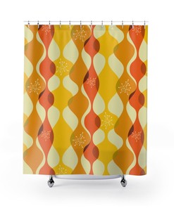 Mid Century Modern Curtains, Geometric Yellow, Orange Astro Star Burst Retro Shower Curtain