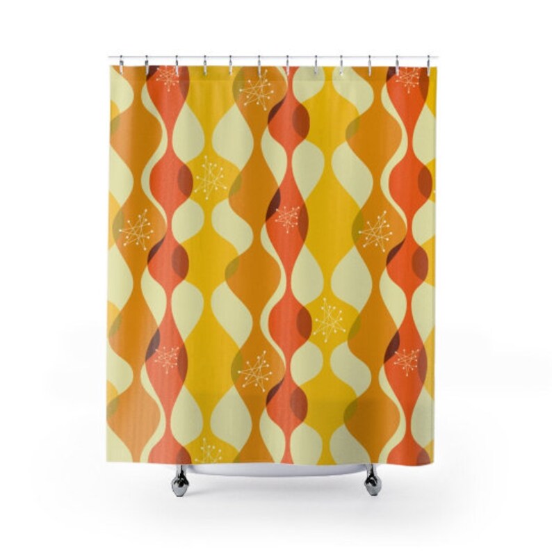 Mid Century Modern Curtains, Geometric Yellow, Orange Astro Star Burst