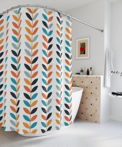 Mid Century Modern, Danish, Modern Scandinavian Flower Brown Orange Teal Black Gray, Mustard Yellow, Shower Curtain