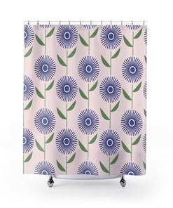 Mid Century Modern Floral Shower Curtain College Dorm Bathroom Decor, 70s Style Bath Curtain