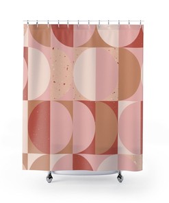 Mid Century Modern, Geometric, Pink Terracotta, Light Brown Shower Curtain
