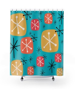 Mid Century Modern, Googie, Starburst, Atomic Aqua, Yellow, Coral, Mid Mod, Mcm Spring, Summer Retro Shower Curtain