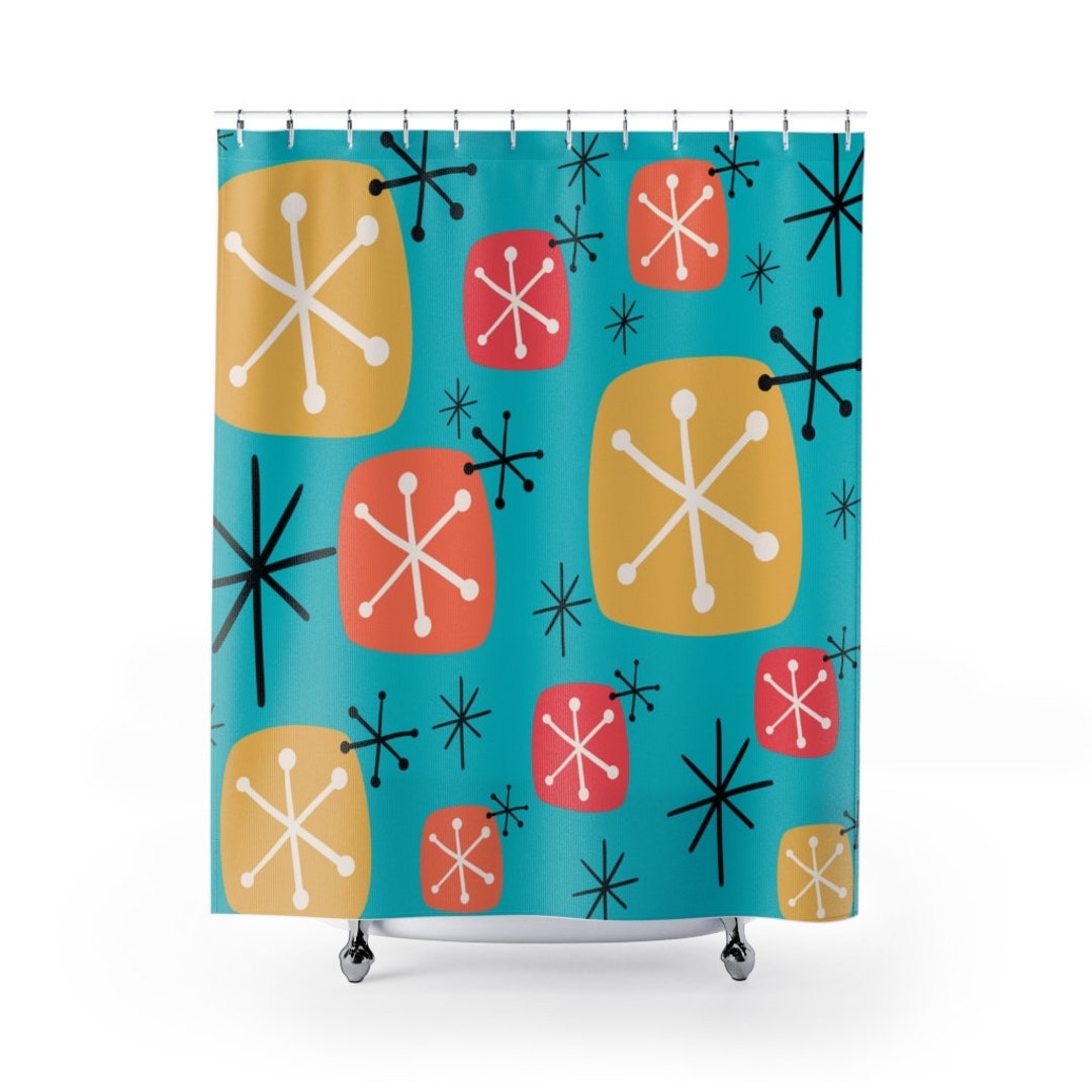 Mid Century Modern, Googie, Starburst, Atomic Aqua, Yellow, Coral, Mid Mod, Mcm Spring, Summer Retro Shower Curtain