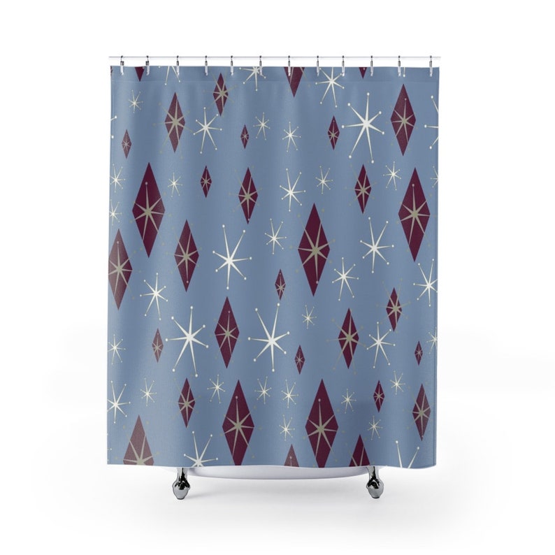 Mid Century Modern Inspired Shower Curtain - Blue Retro 50's Bathroom Accessory - Image 2