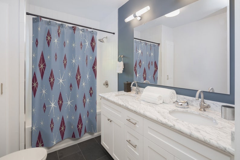 Mid Century Modern Inspired Shower Curtain - Blue Retro 50's Bathroom Accessory - Image 3