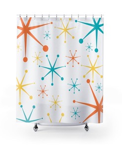 Mid Century Modern, Minimalist Shower Curtain, White, Aqua, Yellow, Orange, Atomic Stars, Mid Mod, MCM Home Bath Decor