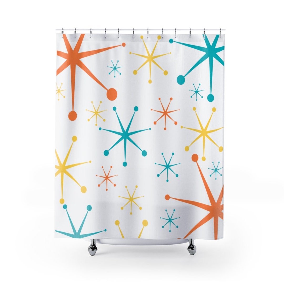 Mid Century Modern, Minimalist Shower Curtain, White, Aqua, Yellow, Orange, Atomic Stars, Mid Mod, MCM Home Bath Decor