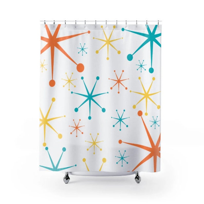 Mid Century Modern, Minimalist Shower Curtain, White, Aqua, Yellow, Orange, Atomic Stars, Mid Mod, MCM Home Bath Decor - Image 2