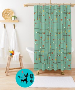 Mid Century Modern Mint Green, Mustard Yellow, Burnt Orange Retro Shower Curtain