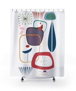 Mid Century Modern Retro Abstract Atomic White Groovy Hipster Shower Curtain
