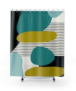 Mid Century Modern Retro Mcm Design Abstract Turquoise, Green, Black, Light Blue S Shower Curtain