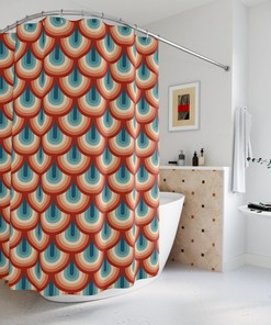 Mid Century Modern Scallop Shower Curtains, Midcentury Mod Bath Curtain, Retro 6 7 Panton Gift, Eames Bathroom Decor, Teal Orange Red