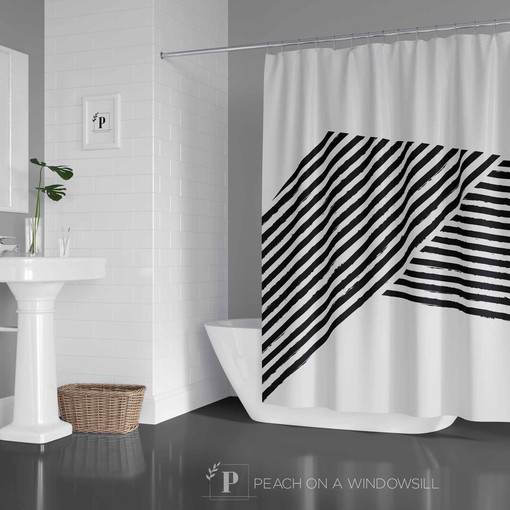 Mid Century Modern Shower Curtain, Abstract Stripes Bath Curtain, Bold Black and White Bathroom Decor