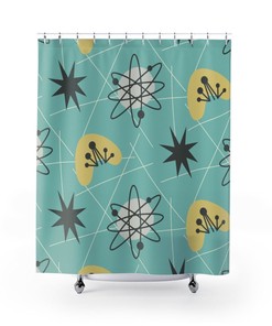Mid Century Modern Shower Curtain, Atomic Boomerang, Retro Shower Curtain, Teal Shower Curtain, 1960s Bathroom Decor