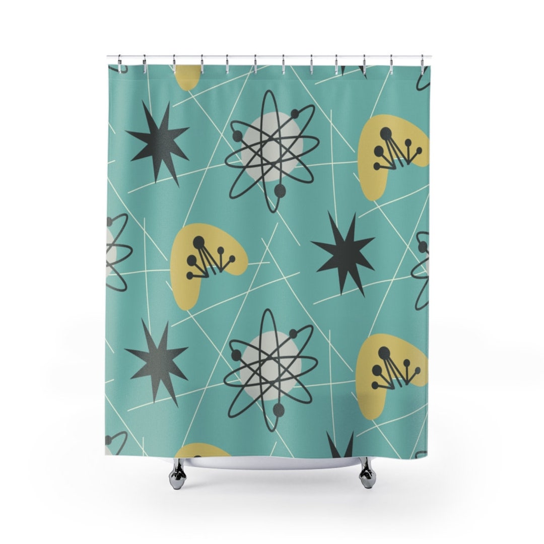 Mid Century Modern Shower Curtain, Atomic Boomerang, Retro Shower Curtain, Teal Shower Curtain, 1960s Bathroom Decor