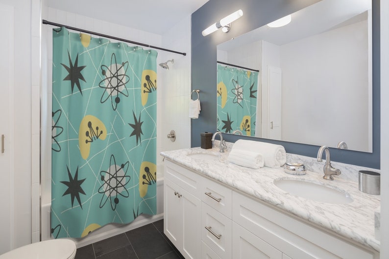Mid Century Modern Shower Curtain, Atomic Boomerang, Retro Shower Curtain, Teal Shower Curtain, 1960s Bathroom Decor - Image 2