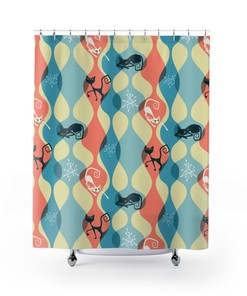 Mid Century Modern Shower Curtain, Atomic Cat Shower Curtain, 1960s Bathroom Decor, Blue Shower Curtain