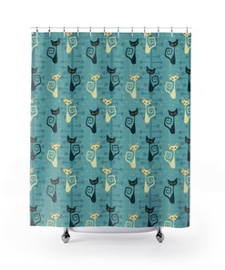 Mid Century Modern Shower Curtain, Atomic Cat Shower Curtain, Teal Shower Curtain, 1960s Bathroom Decor