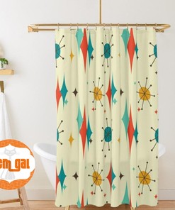 Mid Century Modern Shower Curtain, Atomic Starburst Diamond, Beige, Burnt Orange, Mustard Yellow, Teal Blue Mid Mod Mcm Curtain