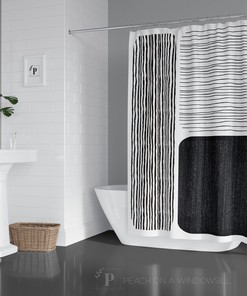 Mid Century Modern Shower Curtain, Color Block Line Art Bath Curtain, Monochrome Stripe Bathroom Decor