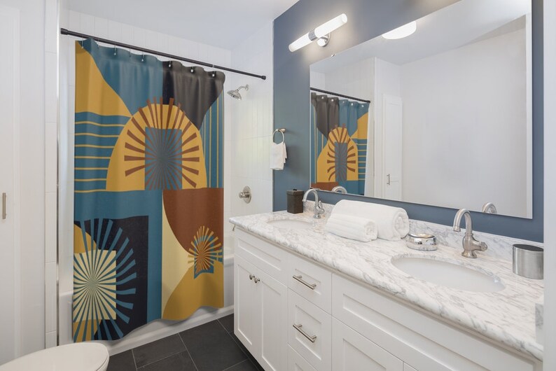 Mid Century Modern Shower Curtain, Dark Teal Shower Curtain - Image 2