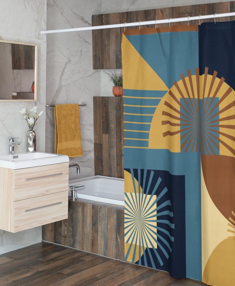 Mid Century Modern Shower Curtain, Dark Teal Shower Curtain - Image 3