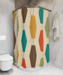 Mid Century Modern Shower Curtain, Retro Geometric Groovy Light Lantern, Atomic Starburst Shower Curtain Beige,Yellow,Brown,Green,Teal