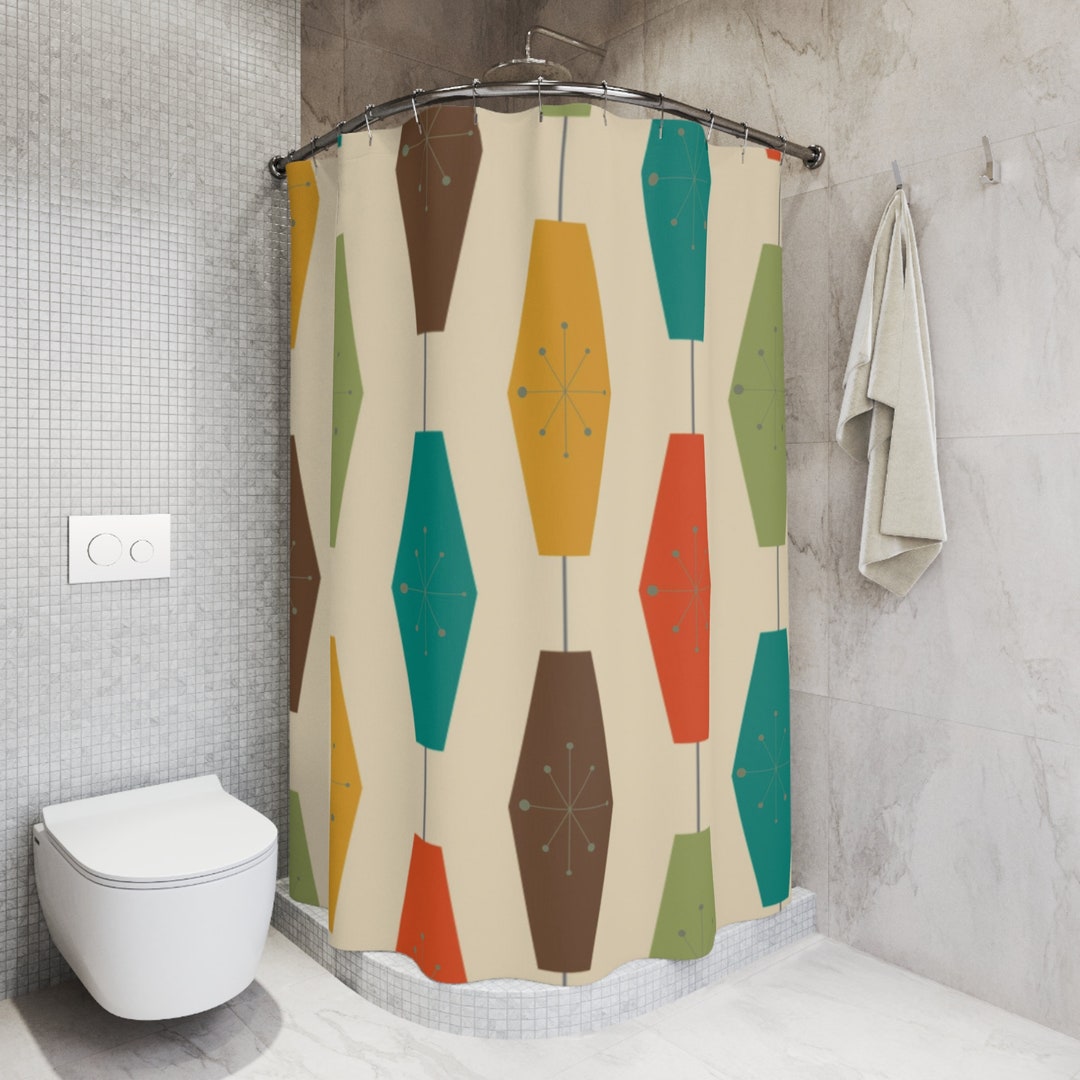 Mid Century Modern Shower Curtain, Retro Geometric Groovy Light Lantern, Atomic Starburst Shower Curtain Beige,Yellow,Brown,Green,Teal