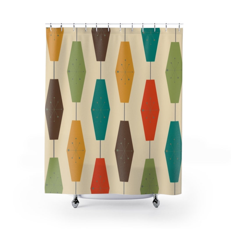 Mid Century Modern Shower Curtain, Retro Geometric Groovy Light Lantern, Atomic Starburst Shower Curtain Beige,Yellow,Brown,Green,Teal - Image 2