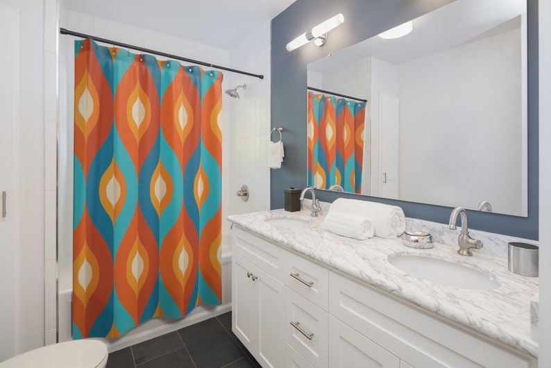 Mid Century Modern Shower Curtain, Retro Shower Curtain, 1950s Bathroom Decor, 1960s Bathroom Decor, Orange Shower Curtain - Image 2