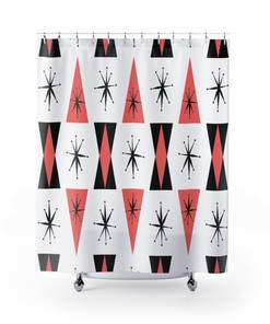 Mid Century Modern Shower Curtain, Retro Shower Curtain, Coral Shower Curtain, 1960s Bathroom Decor, Apartment Bathroom
