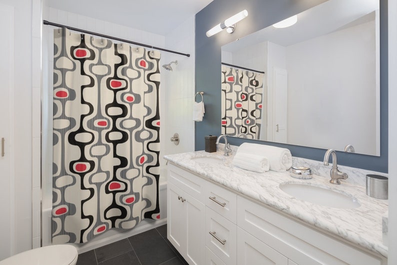 Mid Century Modern Shower Curtain, Retro Shower Curtain, Cream Shower Curtain, 1960s Bathroom Decor, Apartment Bathroom - Image 2